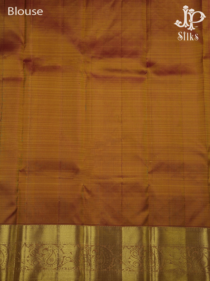 Lemon Yellow and Brown Vertical Lines Kanchipuram Silk Saree - E4712 - View 2