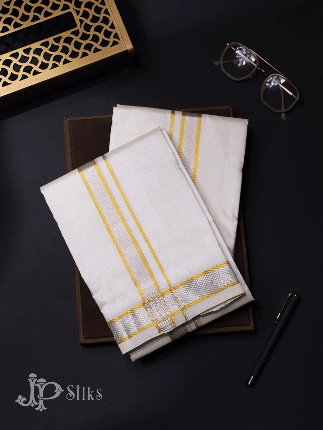 White Pure Silk Dhoti for Men - D7667