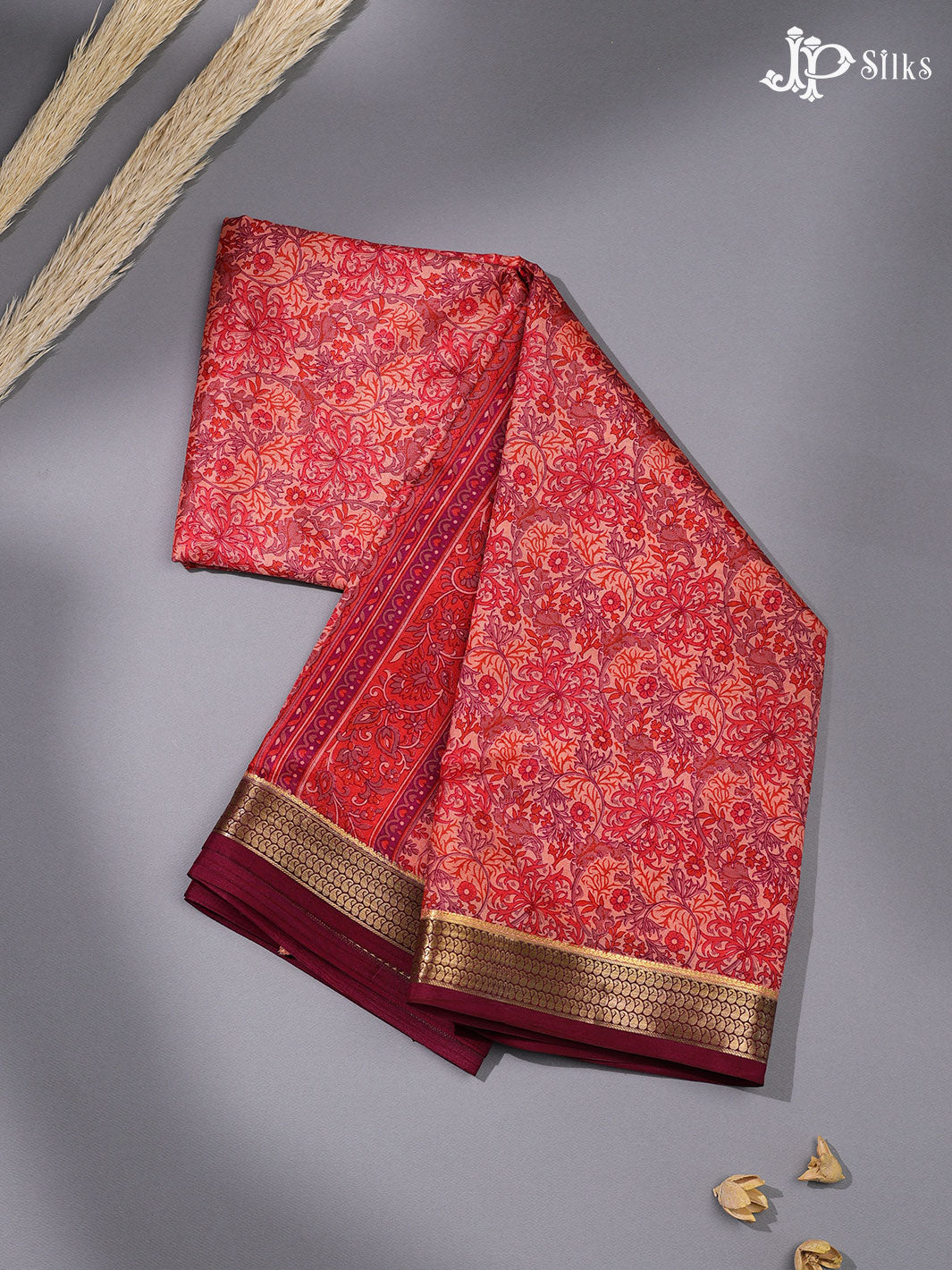 Red Orange Crepe Raw Silk Saree- E889