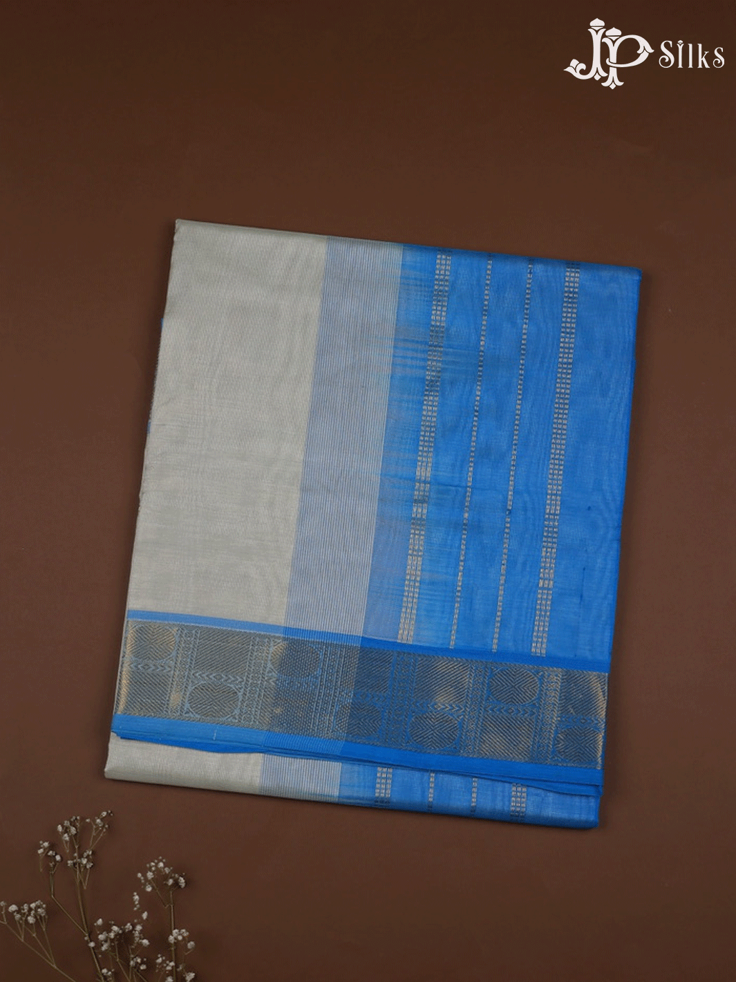 White with Sky Blue Silk Cotton Saree - F322