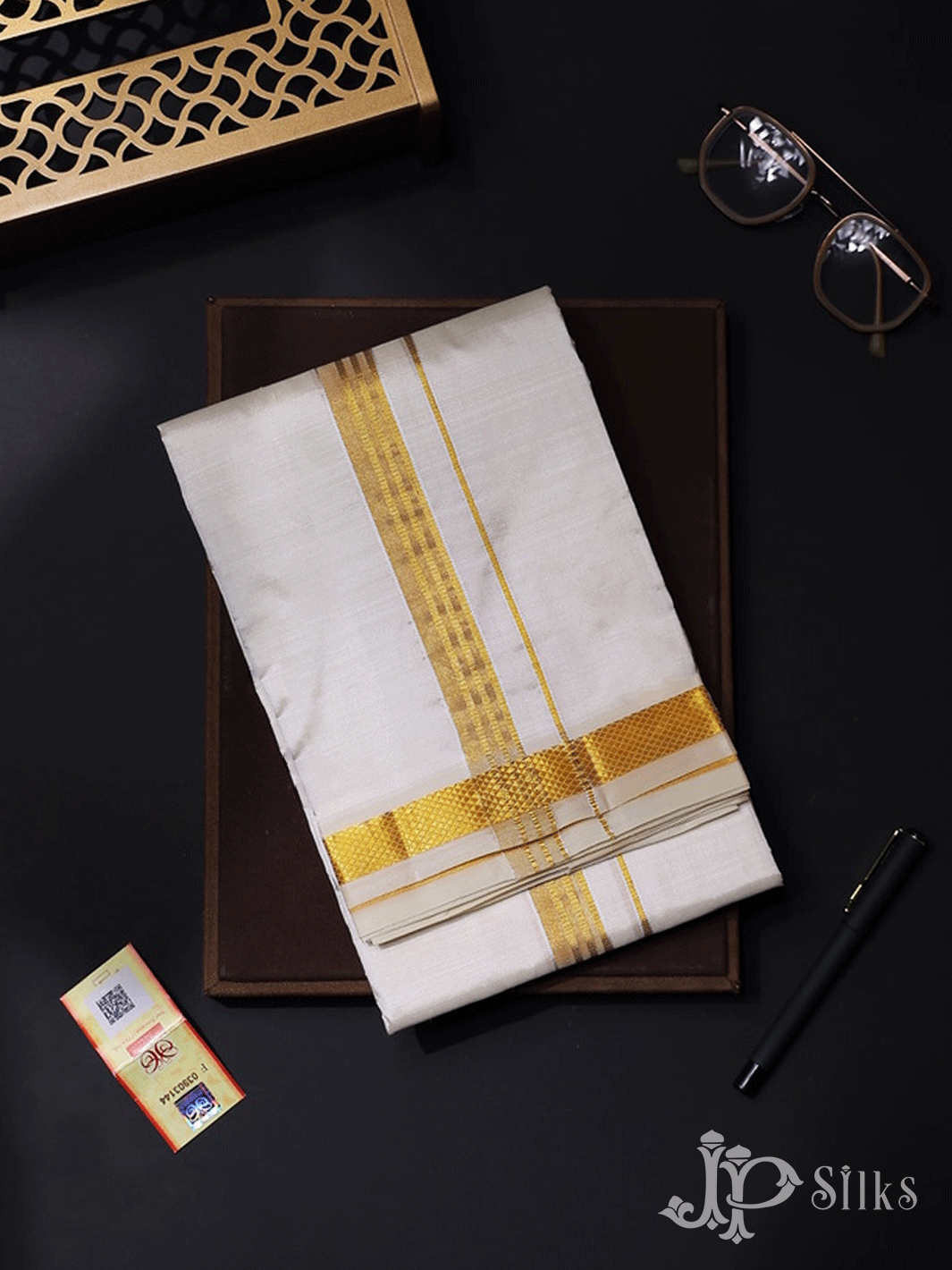 White Pure Silk Dhoti for Men - D6199