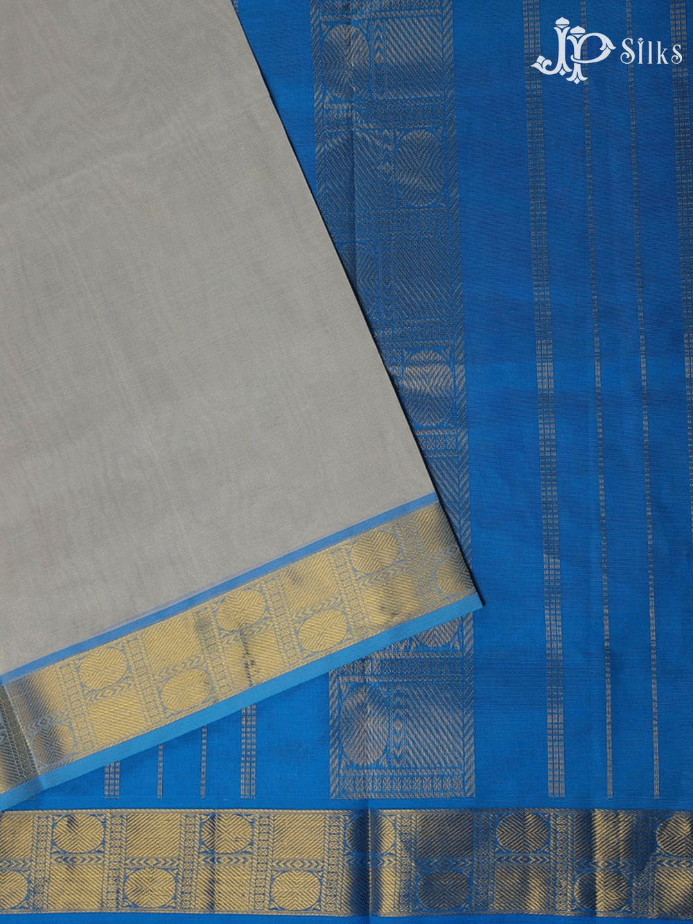 White with Sky Blue Silk Cotton Saree - F322 - View 1