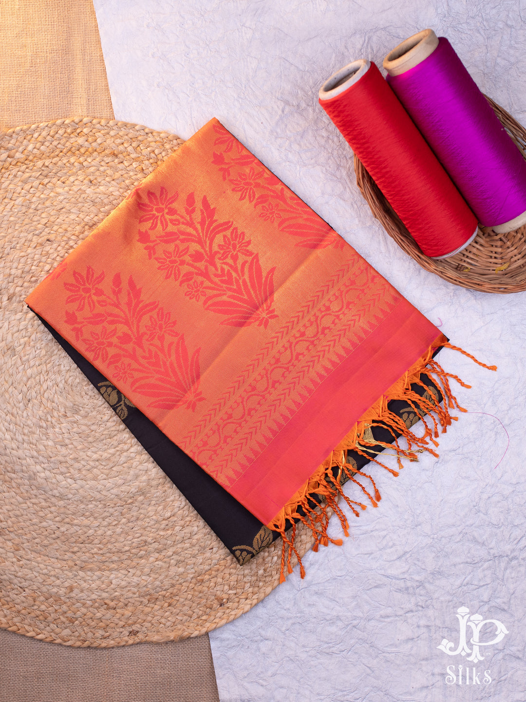 Black and Reddish Orange Soft Silk Saree - C441