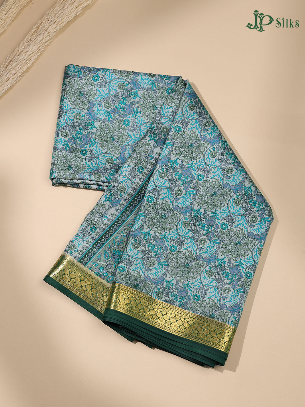 Teal Blue and Multi Color Crepe Raw Silk Saree- E883