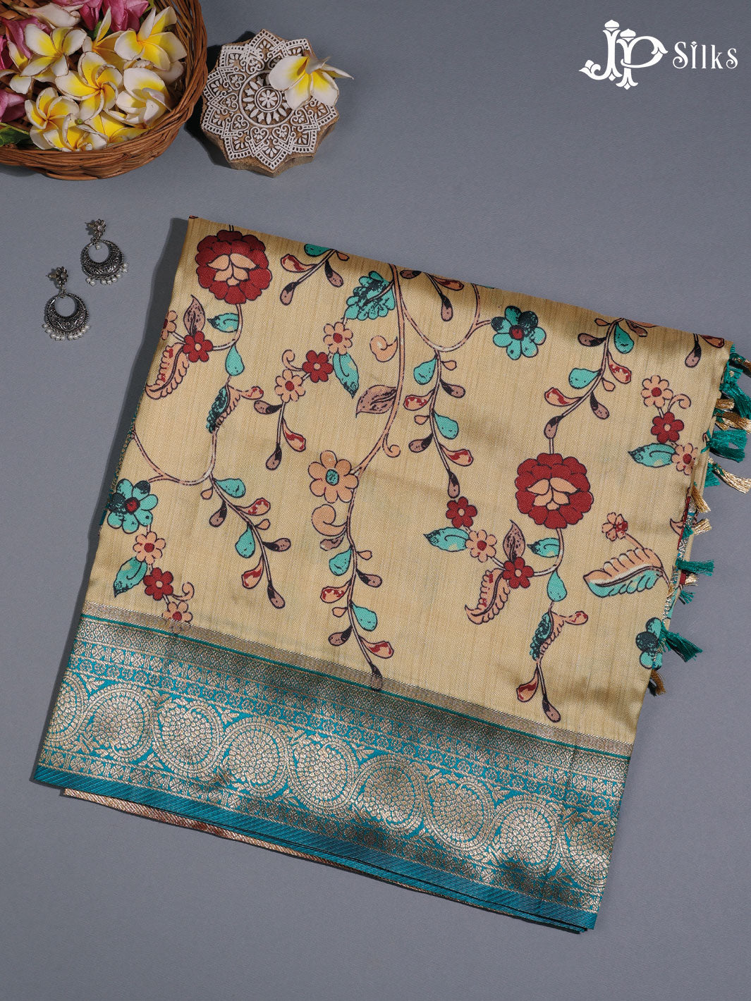 Beige and Teal Blue Semi banaras with Digital Prints Fancy Sarees -  E3998