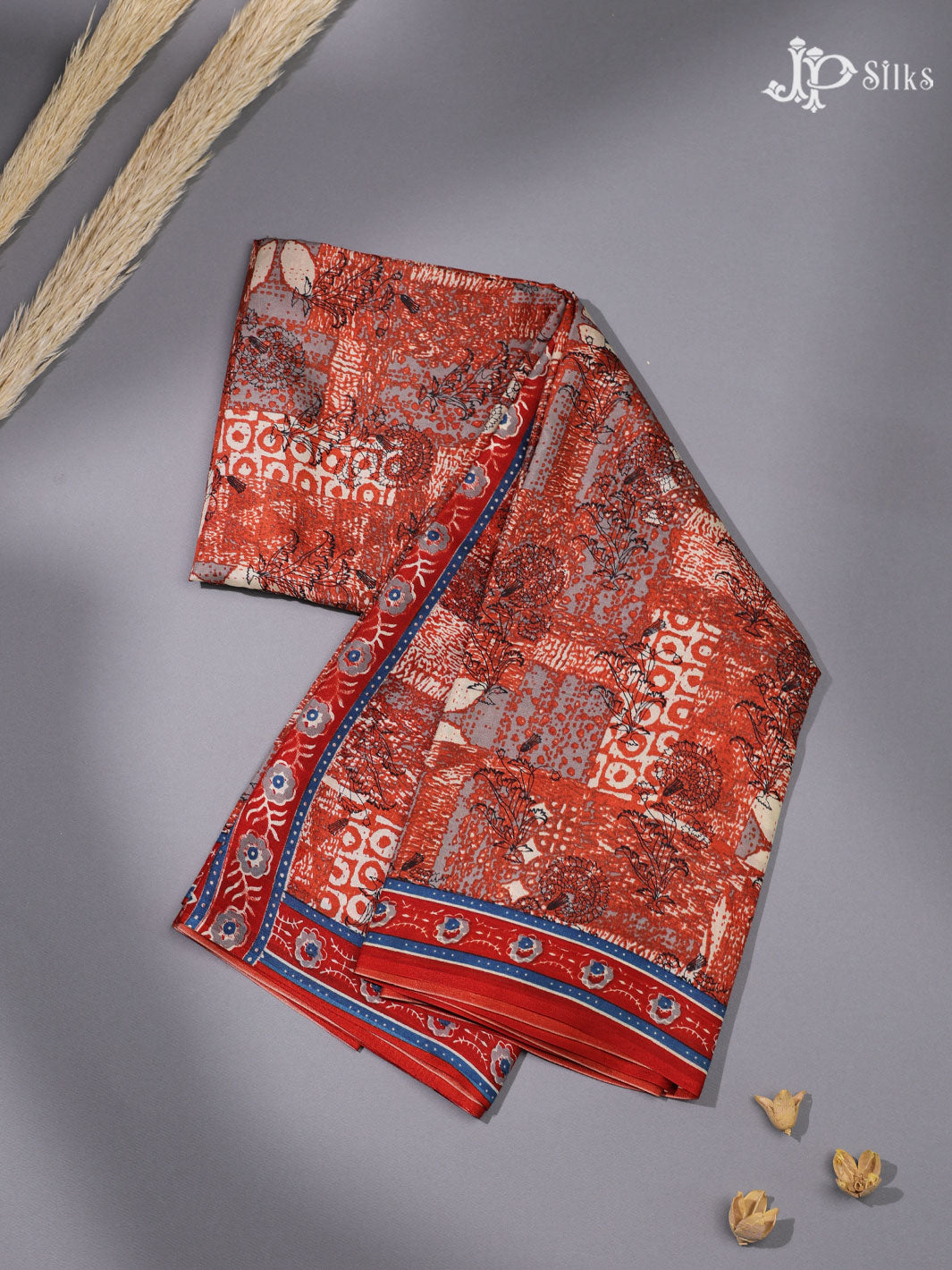 Red and Blue Crepe Raw Silk Saree- E896