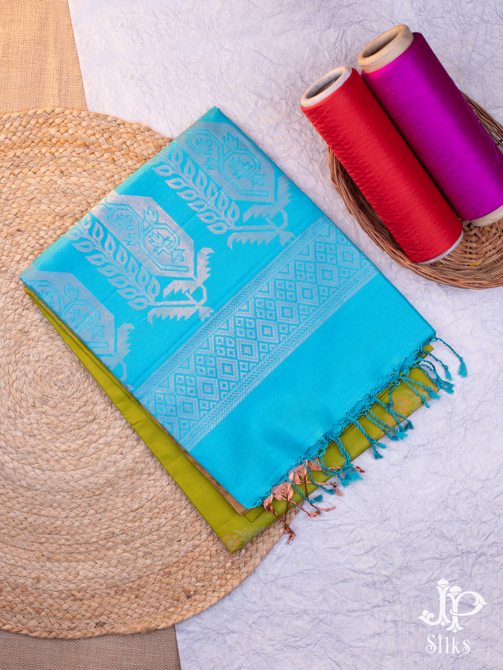 Olive Green and Sky Blue Soft Silk Saree - D6155