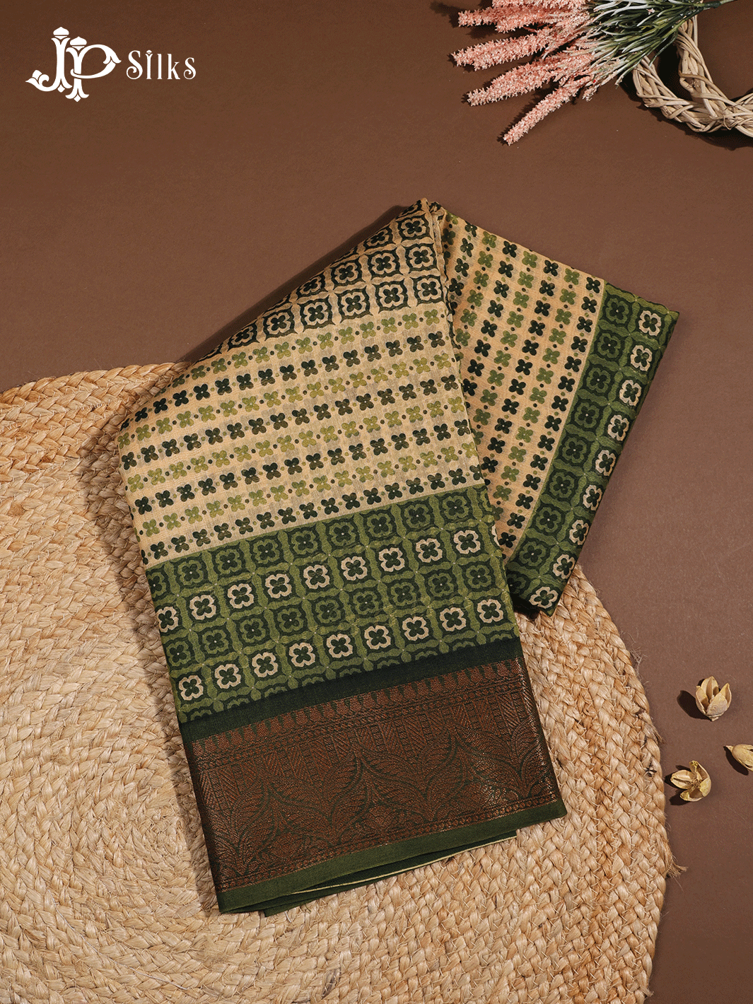 Beige and Green Semi Chanderi Fancy Saree - E1577
