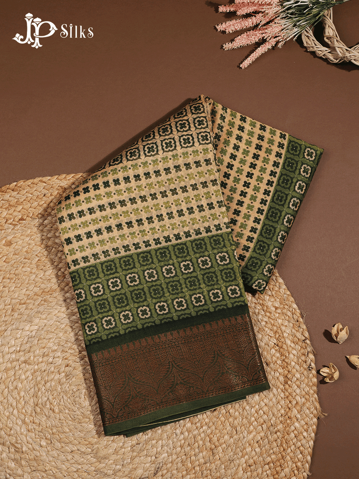 Beige and Green Semi Chanderi Fancy Saree - E1577