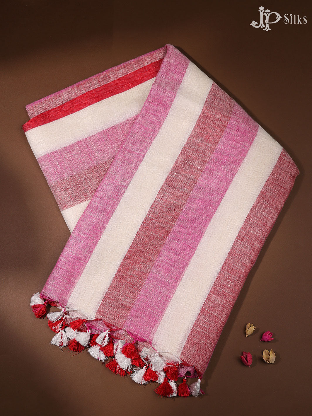 White and Red Linen Fancy Saree - D6636