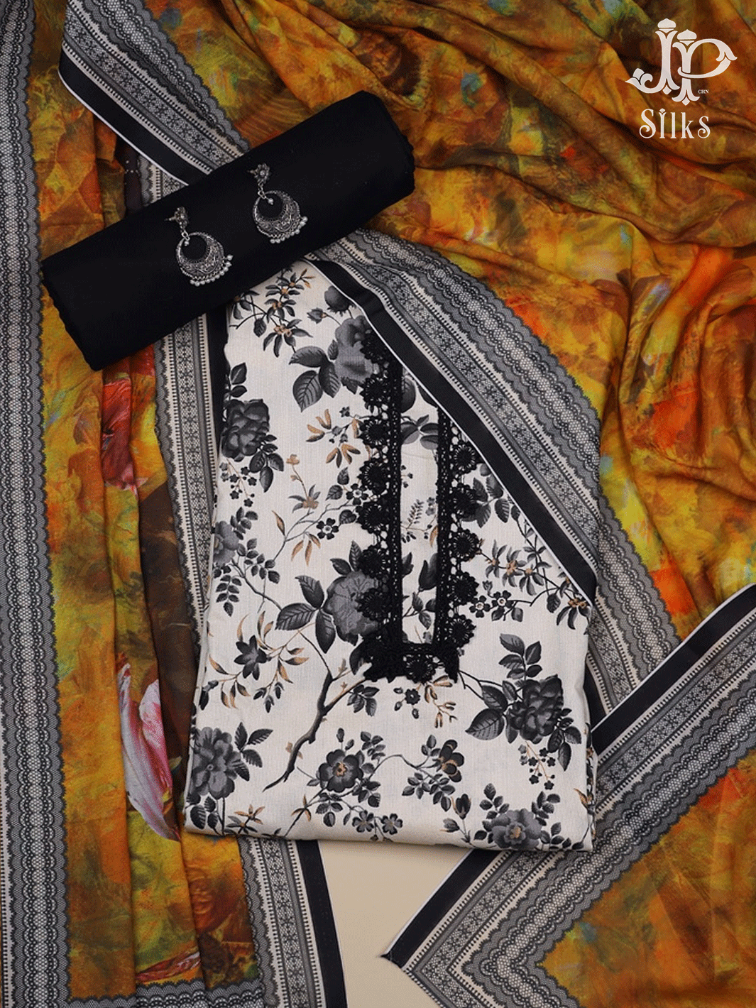 White , Black and Multicolor Mixed Cotton Floral Design Chudidhar Material - E6169 