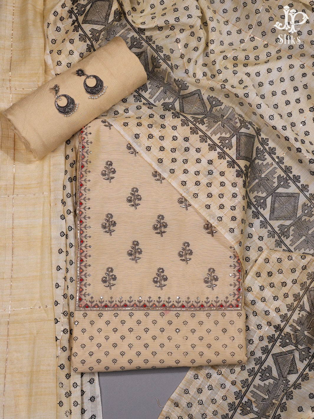 Cream Chanderi and Raw Silk Chudidhar Material - E1461