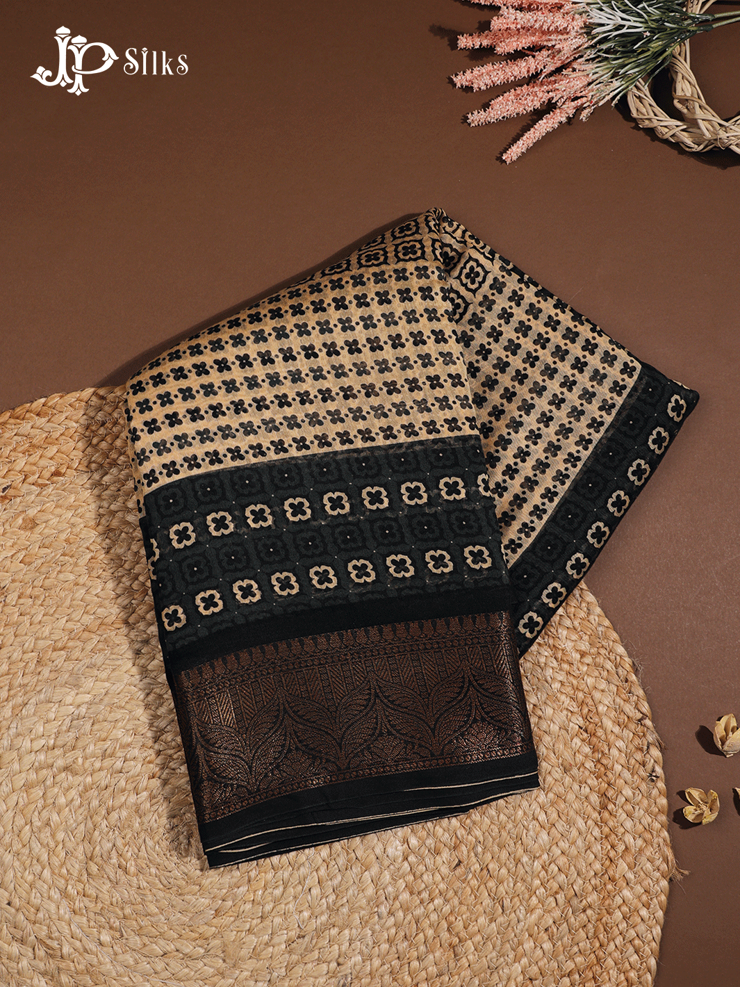 Beige and Black Semi Chanderi Fancy Saree - E1578