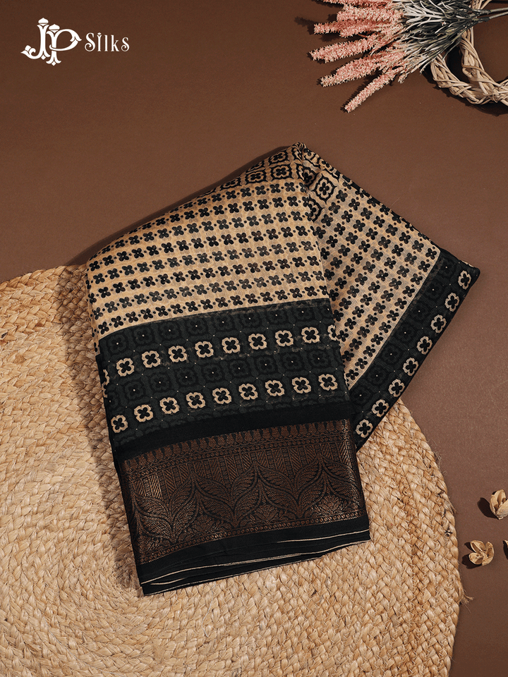 Beige and Black Semi Chanderi Fancy Saree - E1578
