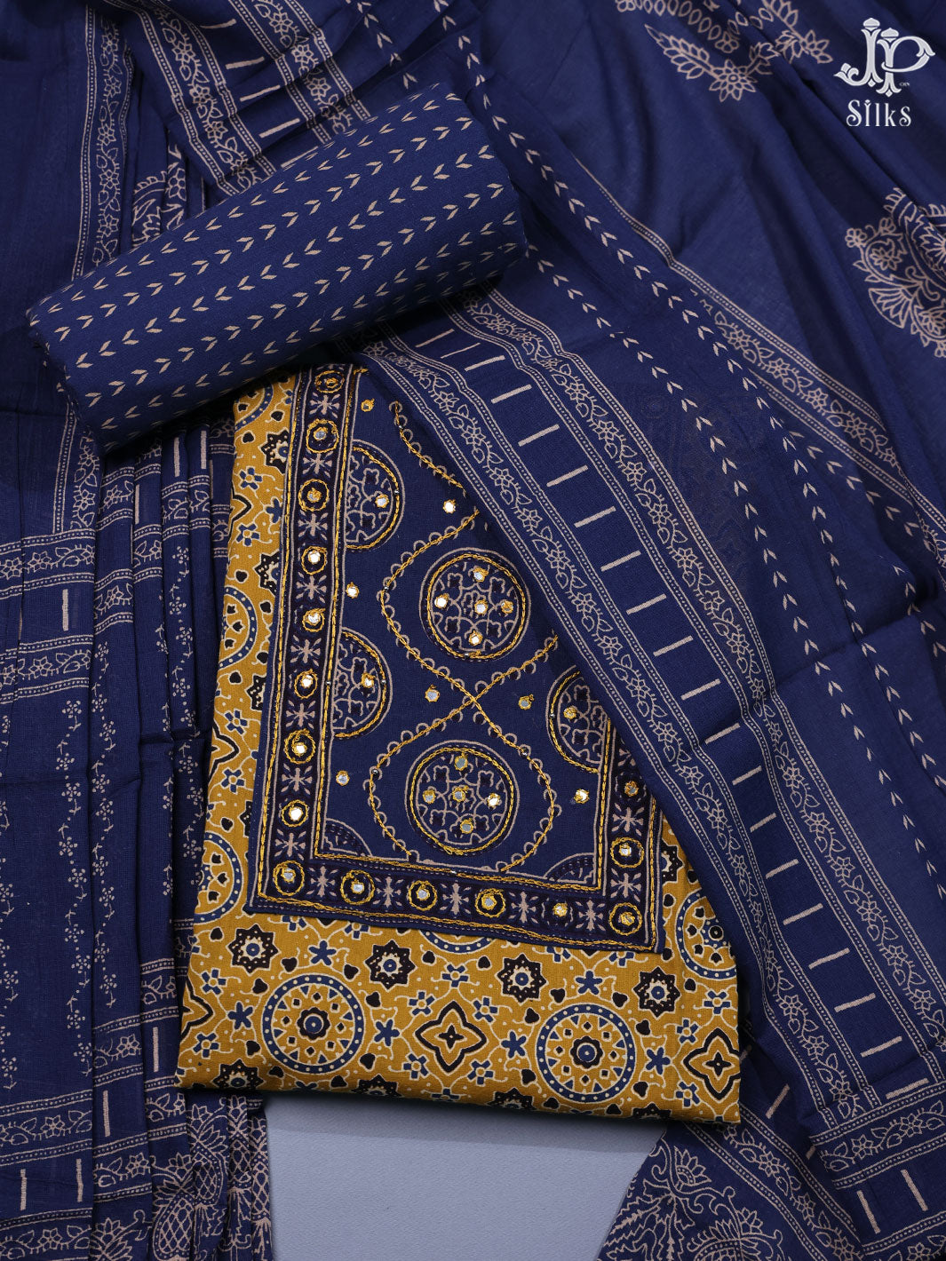 Mustard Yellow and Ink Blue Cotton Chudidhar Material - E1954
