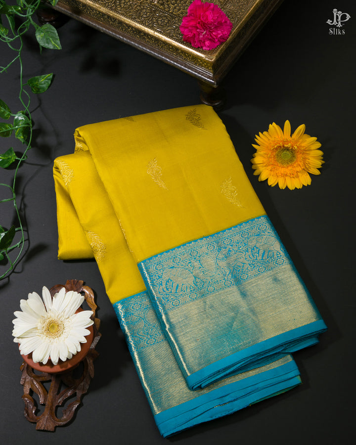 Yellow and Teal Blue Kanchipuram Silk Saree - D2216 _ View 1
