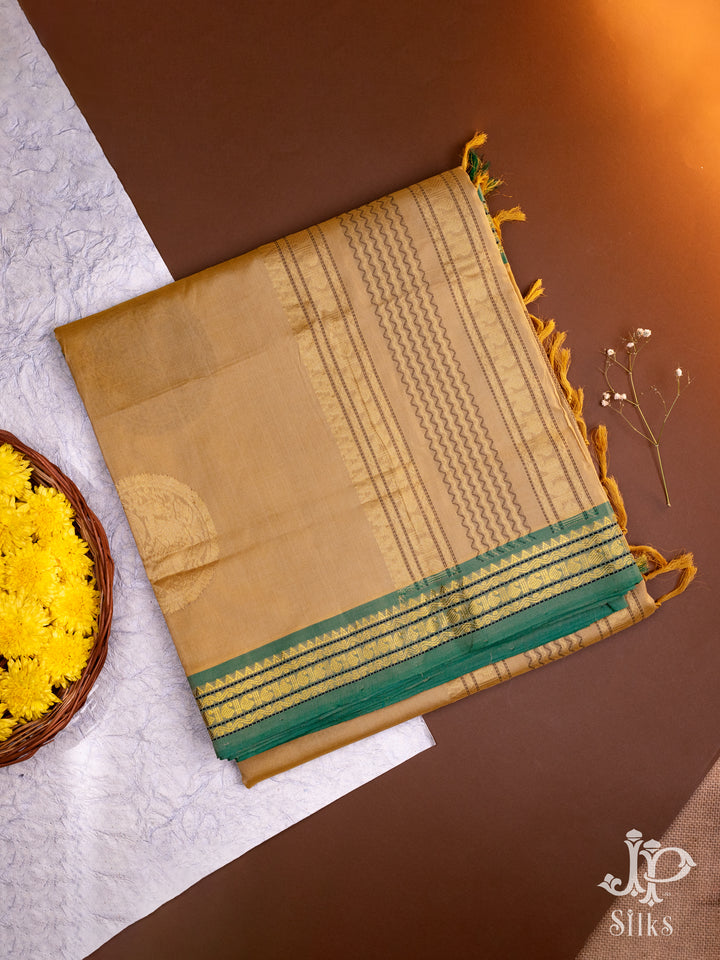 Beige and Green Poly Cotton Saree - D8313