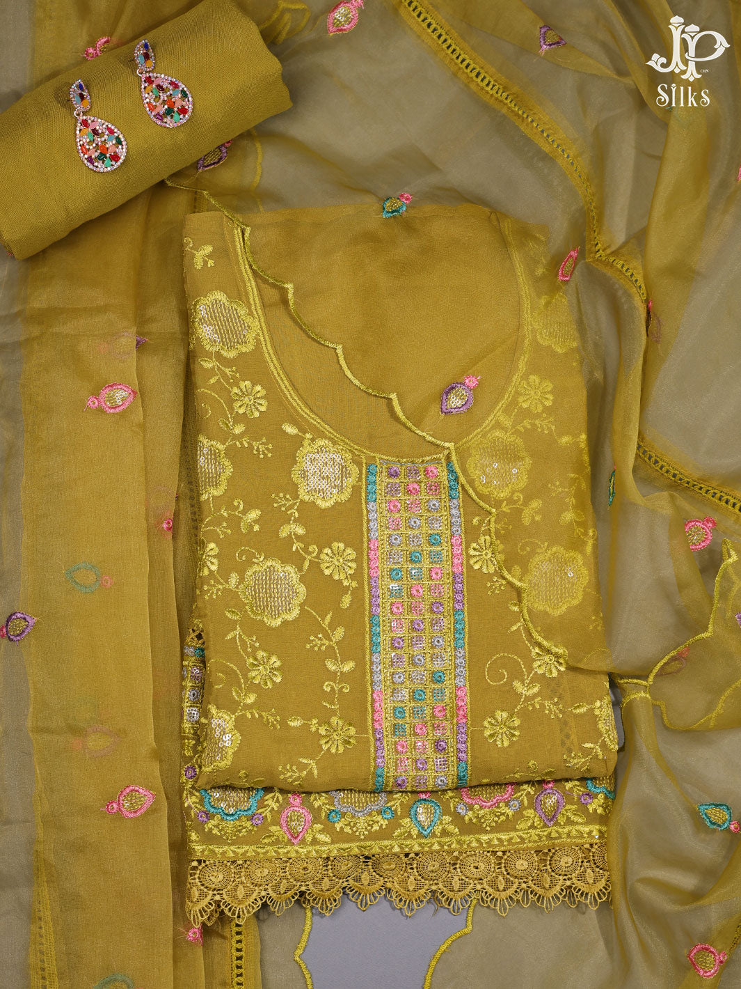 Mustard Yellow and Multicolor Organza Chudidhar Material - E4594