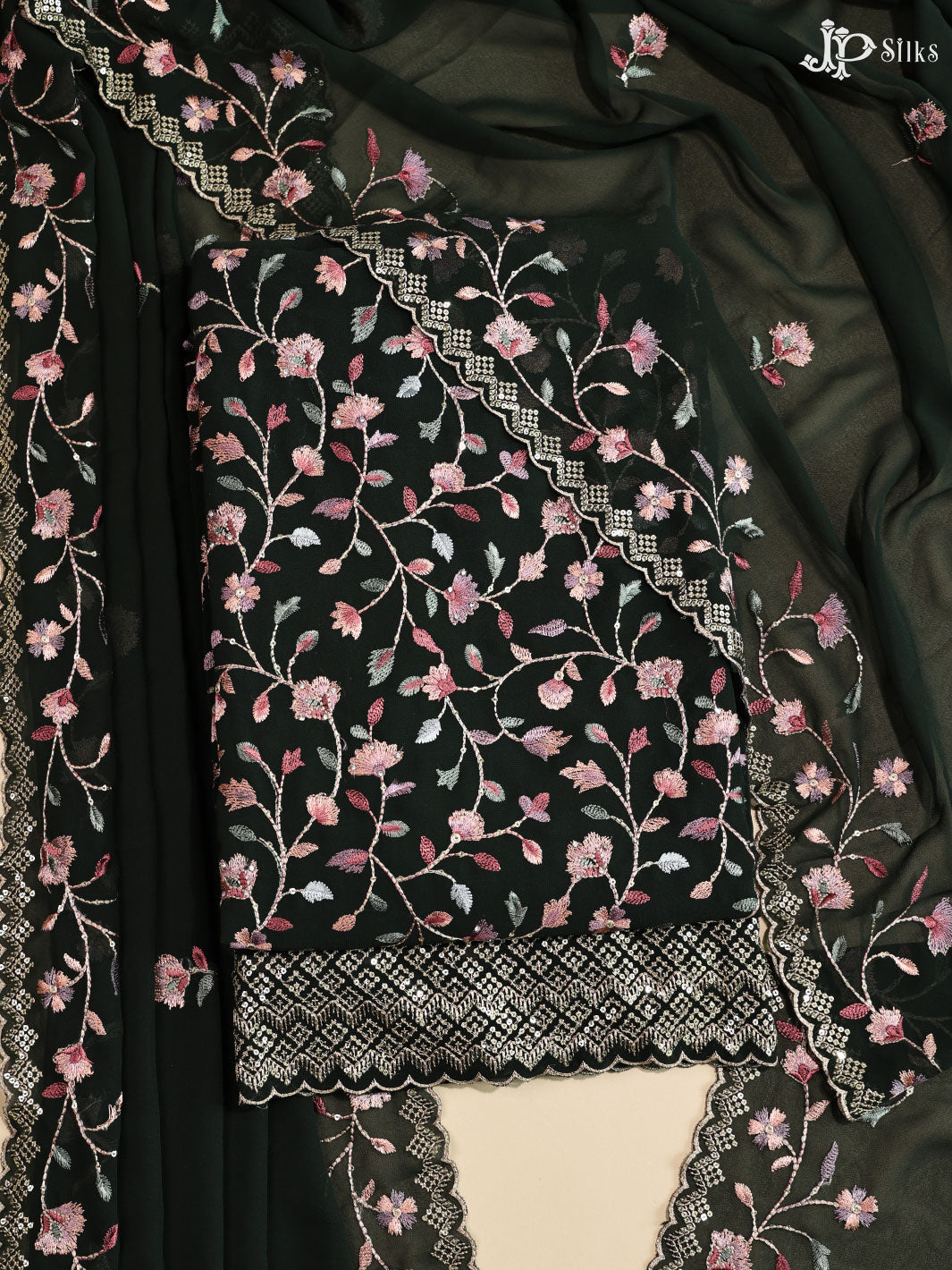 Black and Pink Georgette Unstiched Chudidhar Material - E3581 - View 1