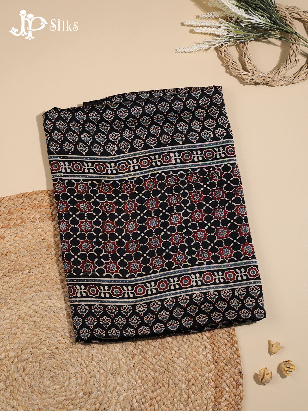 Black , White and Maroon Ajrakh Printed Modal Silk Fancy Saree - E4570
