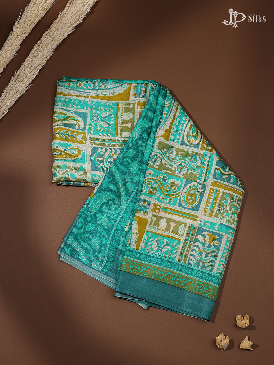 Teal Blue and Olive Green Crepe Raw Silk Saree- E894