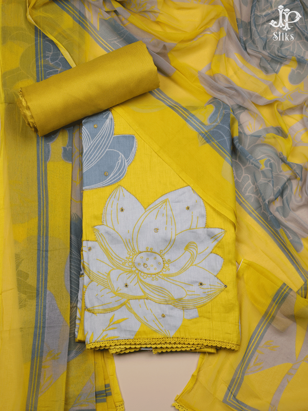 Yellow, White and Grey Cotton Chudidhar Material - E6164