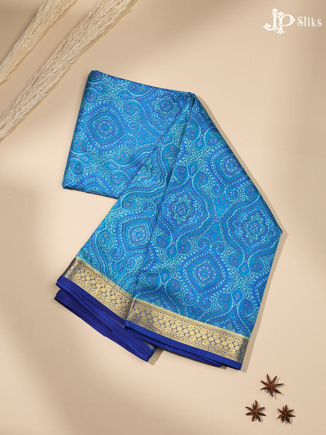 Blue Crepe Raw Silk Saree- E879
