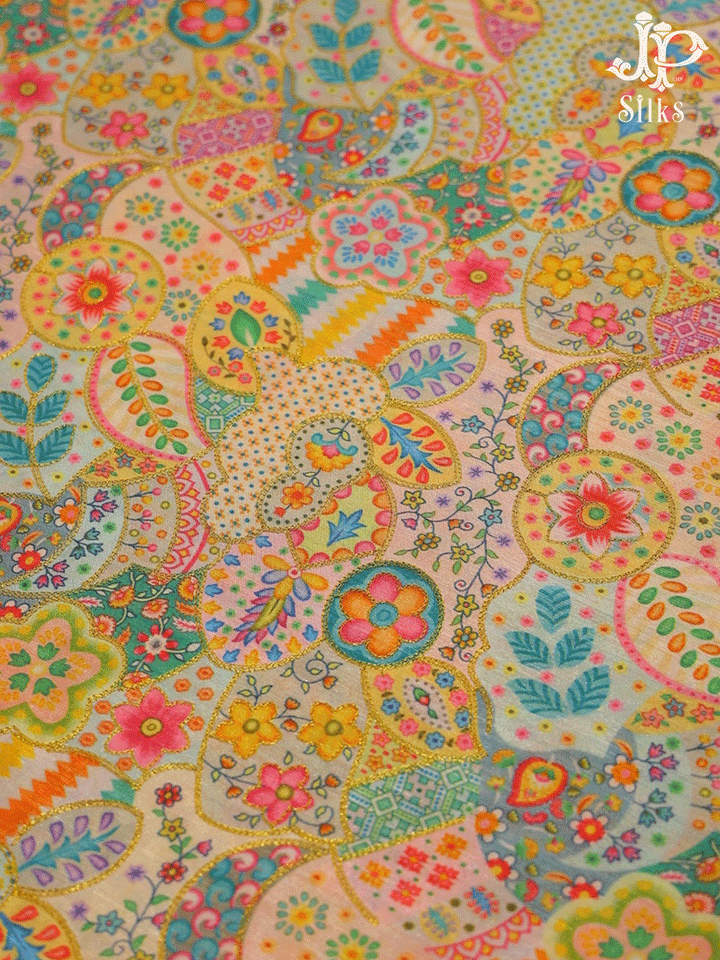 Multicolour Floral Design Semi Raw Silk Fabric - E4203 - View 1