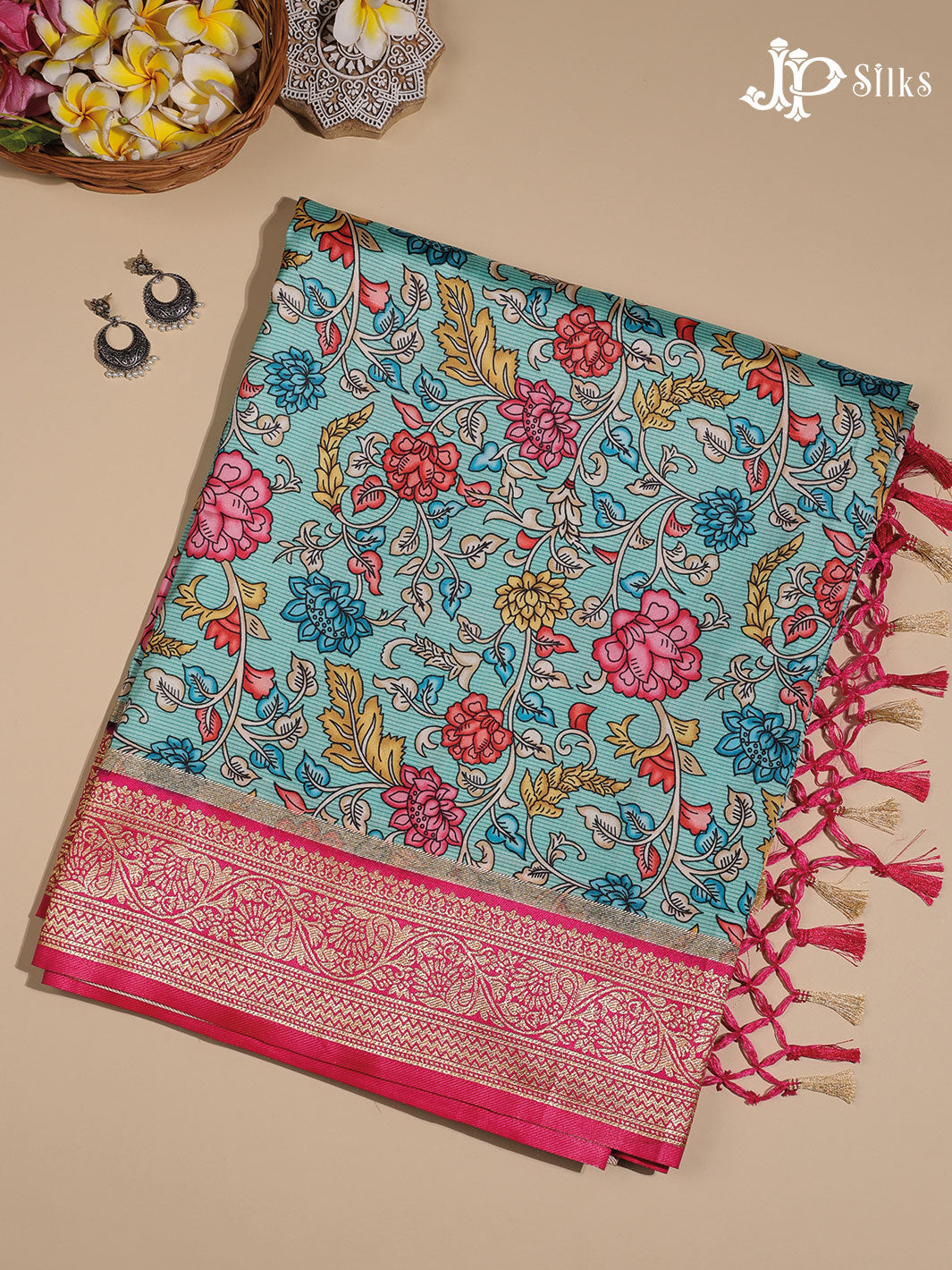 Sky Blue and Pink Semi banaras with Digital Prints Fancy Sarees -  E3997