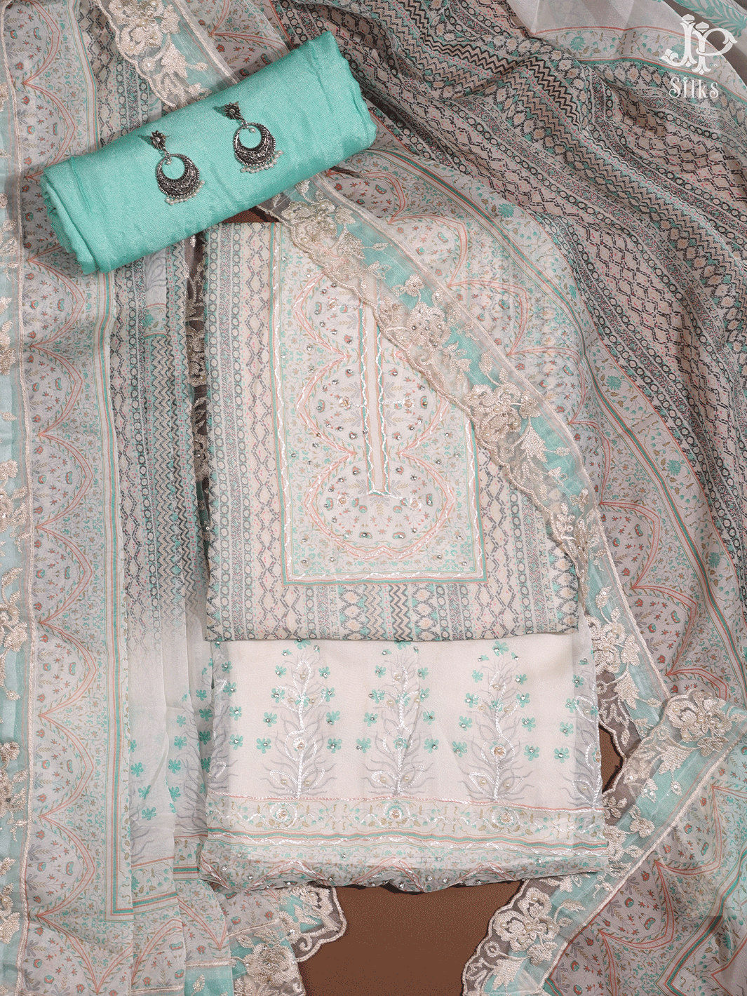White and Blue Organza Chudidhar Material - E3500