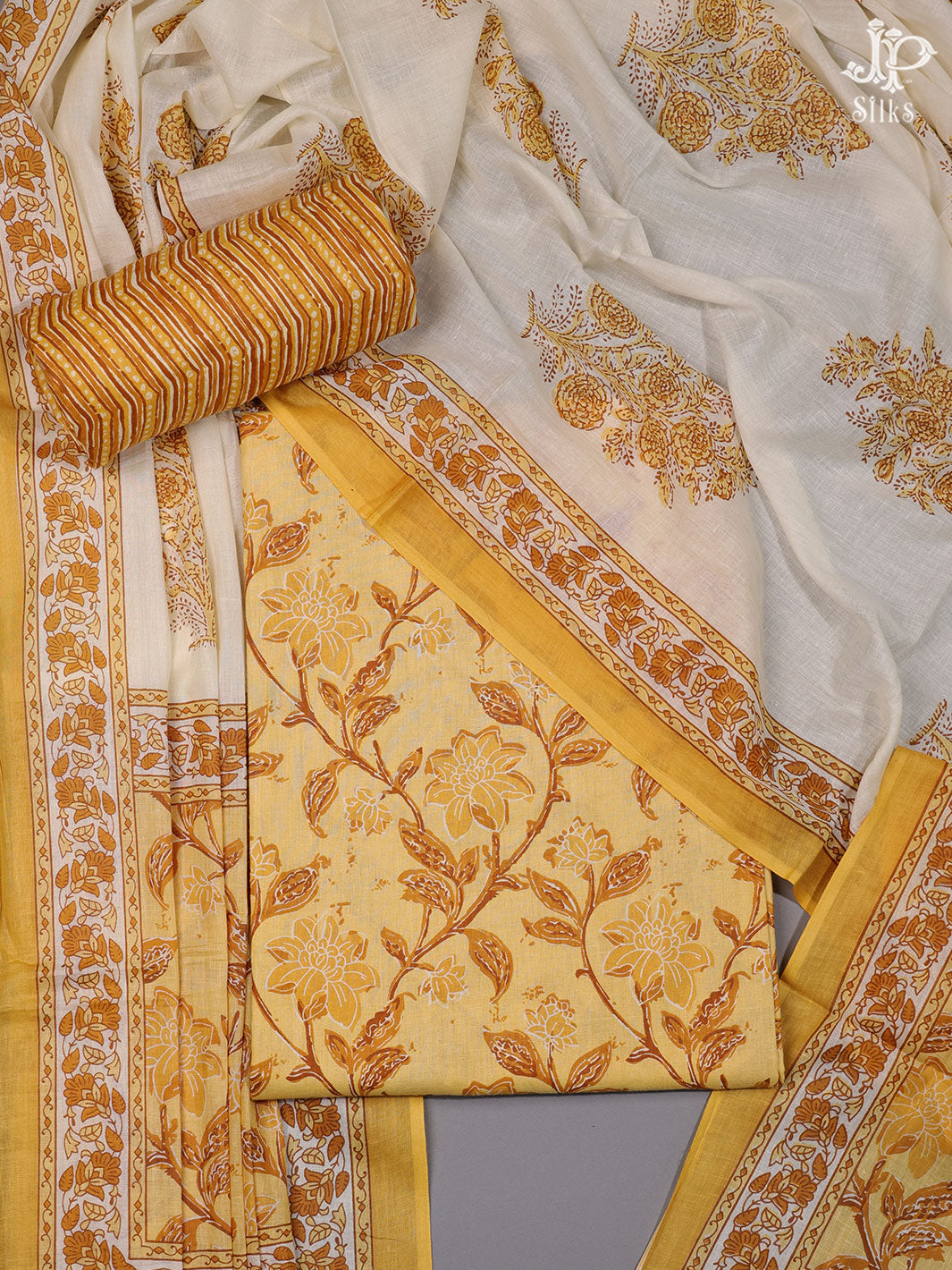 Yellow and White Cotton Chudidhar Material - C4379