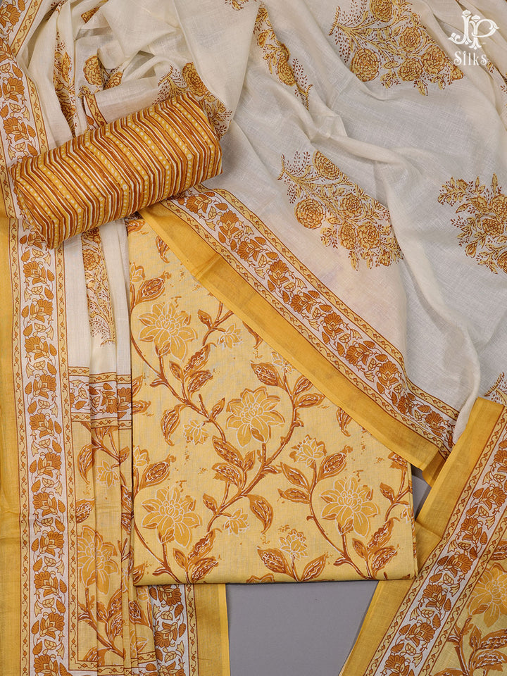 Yellow and White Cotton Chudidhar Material - C4379
