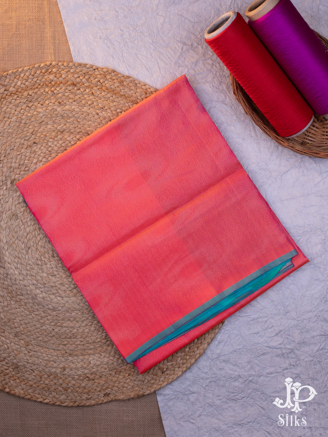 Reddish Orange and Teal Blue Soft Silk Saree - D2243 - View 1