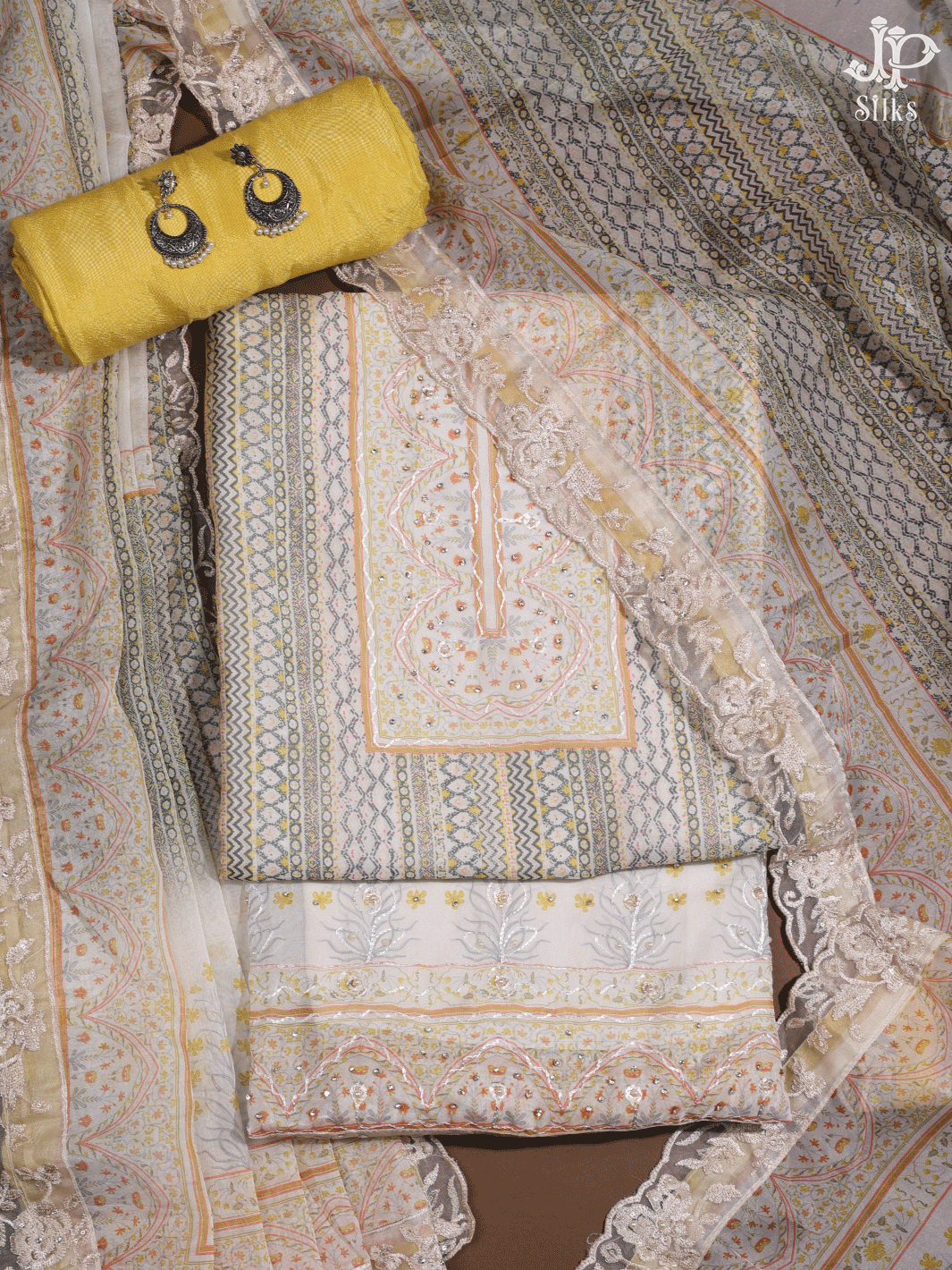 White and Yellow Organza Chudidhar Material - E3502