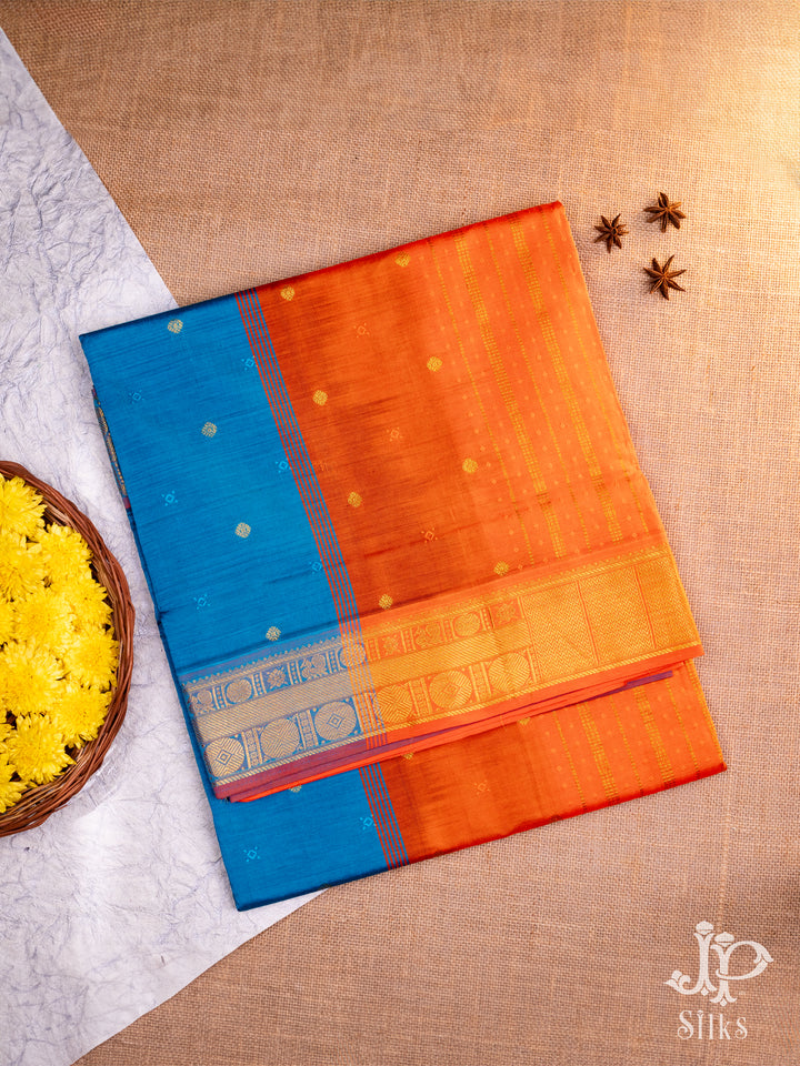 Blue and Orange Poly Cotton Saree - D1169 - View 1