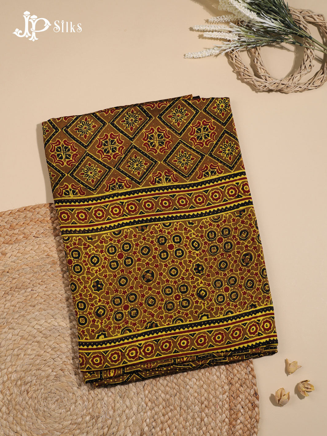 Brown and light mustard Ajrakh saree on modal silk - Junk Dazzle