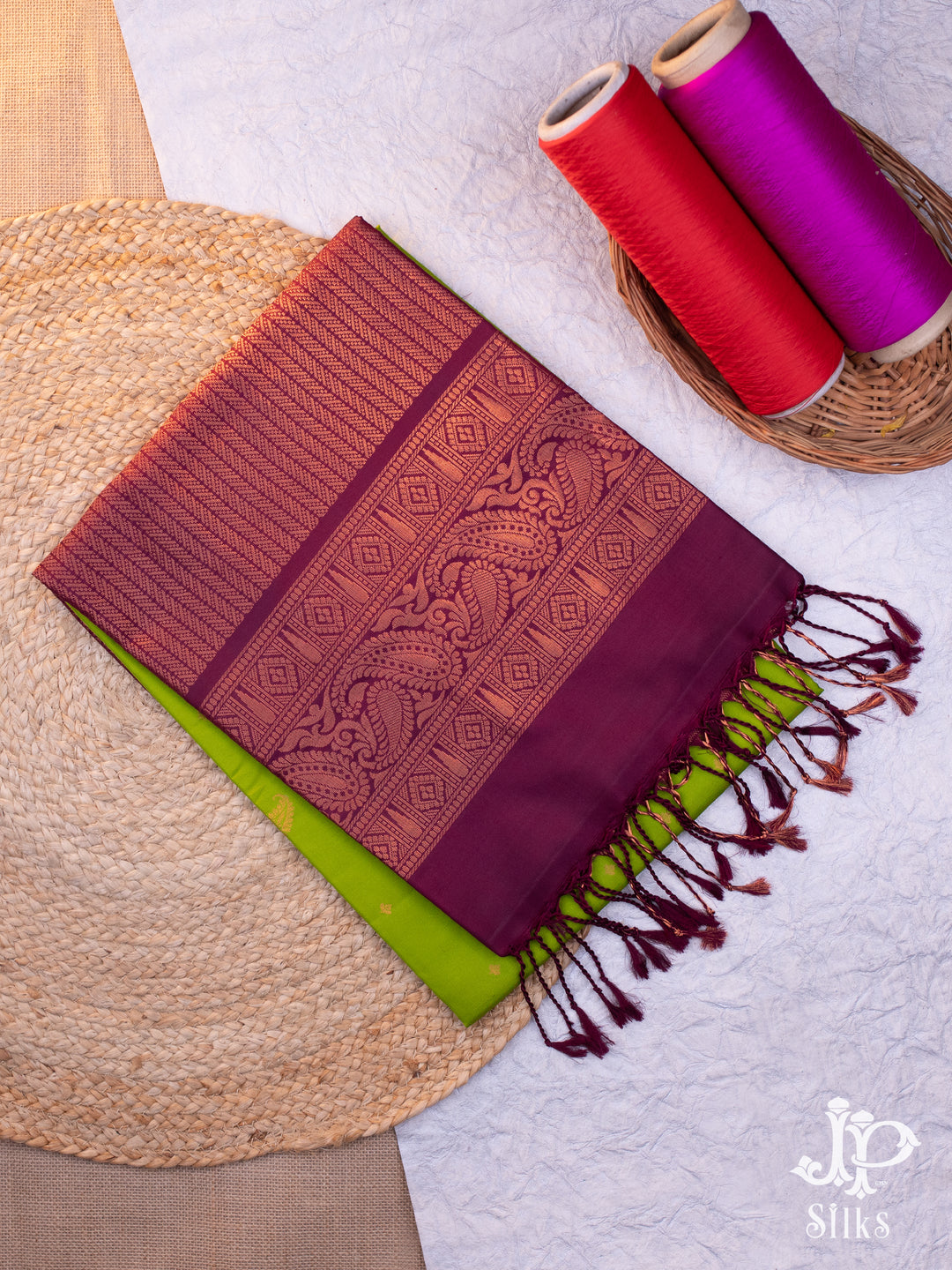 Parrot Green and Maroon Soft Silk Saree - D6134