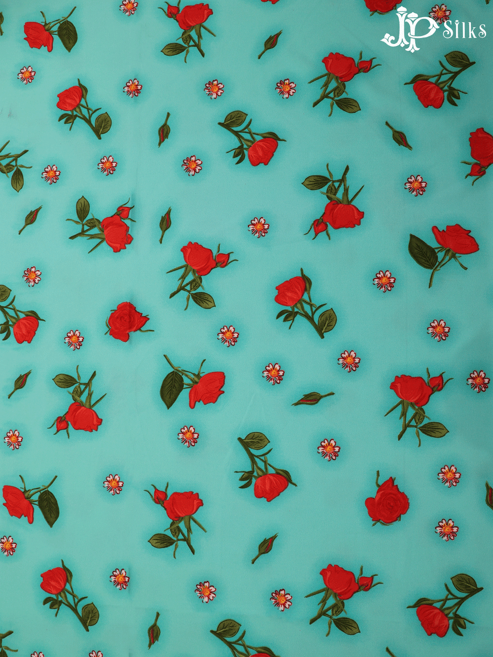 Teal Blue , Red and Green Digital Printed Chiffon Fabric - A14345 - View 1