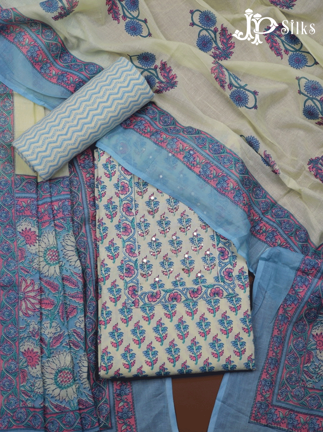 Off White Cotton Unstitched Chudidhar Material Set - F131