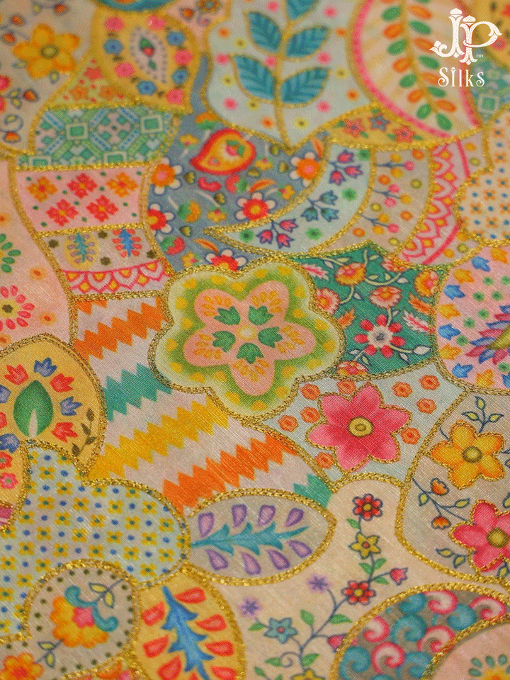 Multicolour Floral Design Semi Raw Silk Fabric - E4203 - View 2