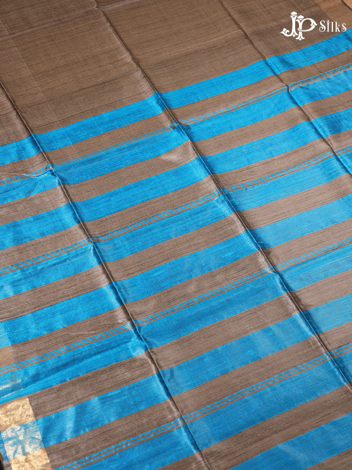 Beige and Blue Tussar Silk Saree - E39 - View 2