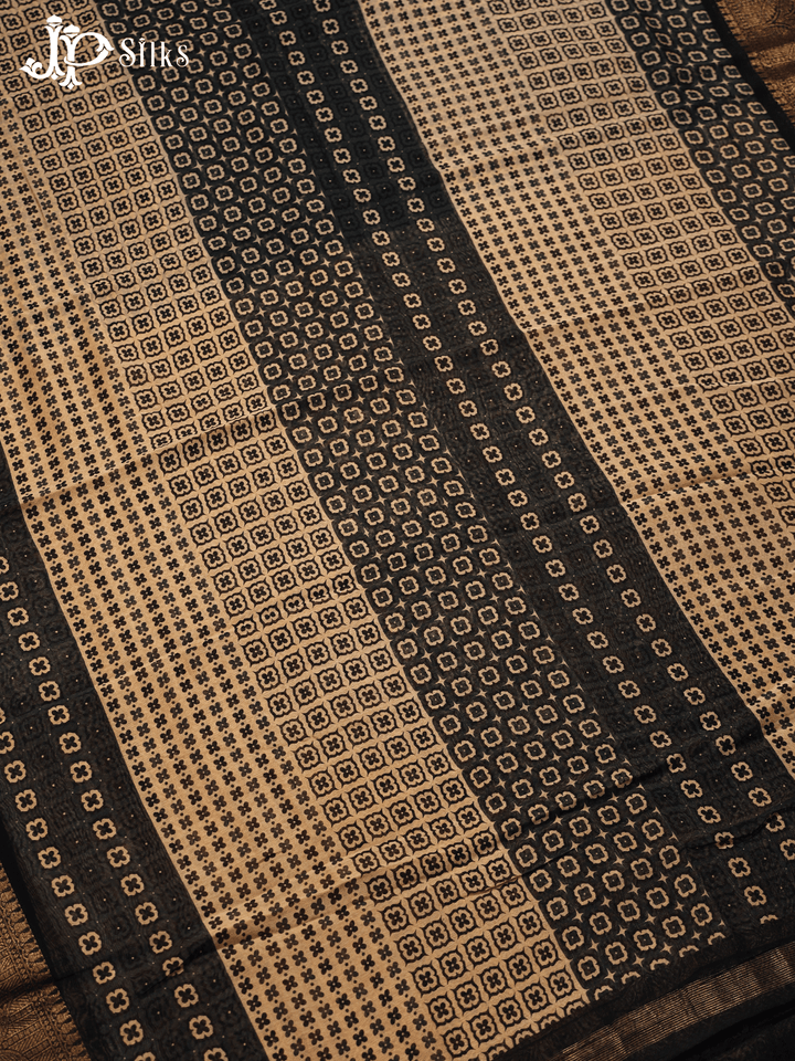 Beige and Black Semi Chanderi Fancy Saree - E1578 - View 3