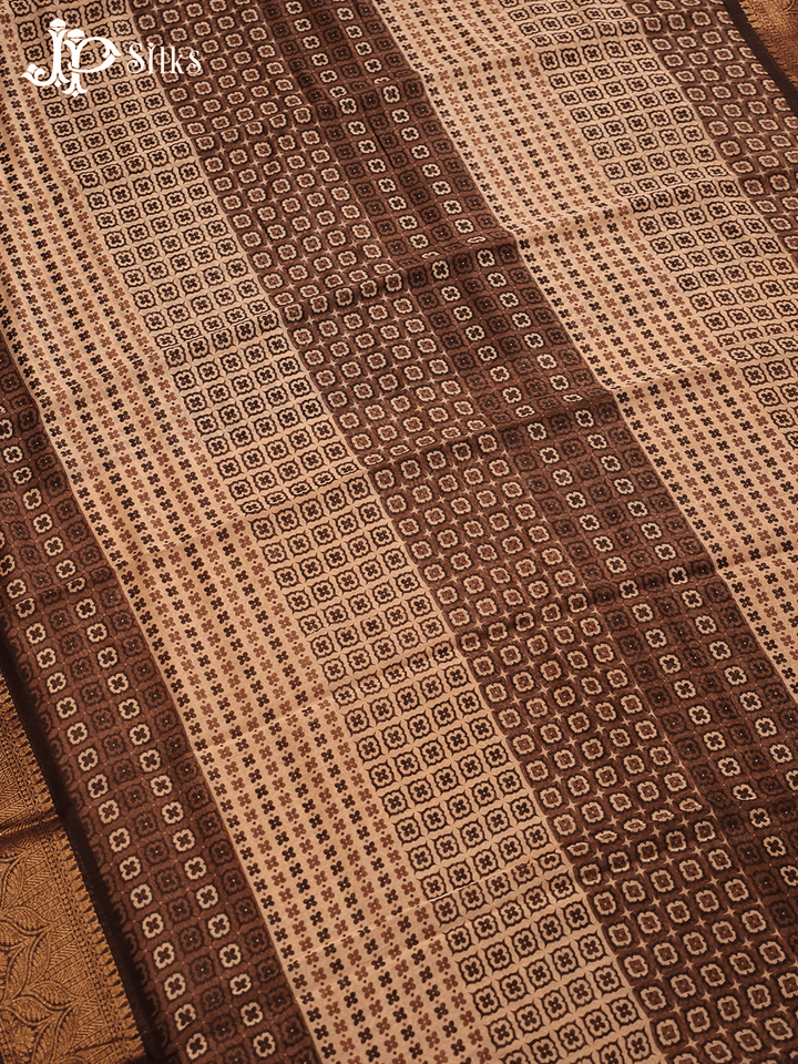 Beige and Brown Semi Chanderi Fancy Saree - E1576 - View 4