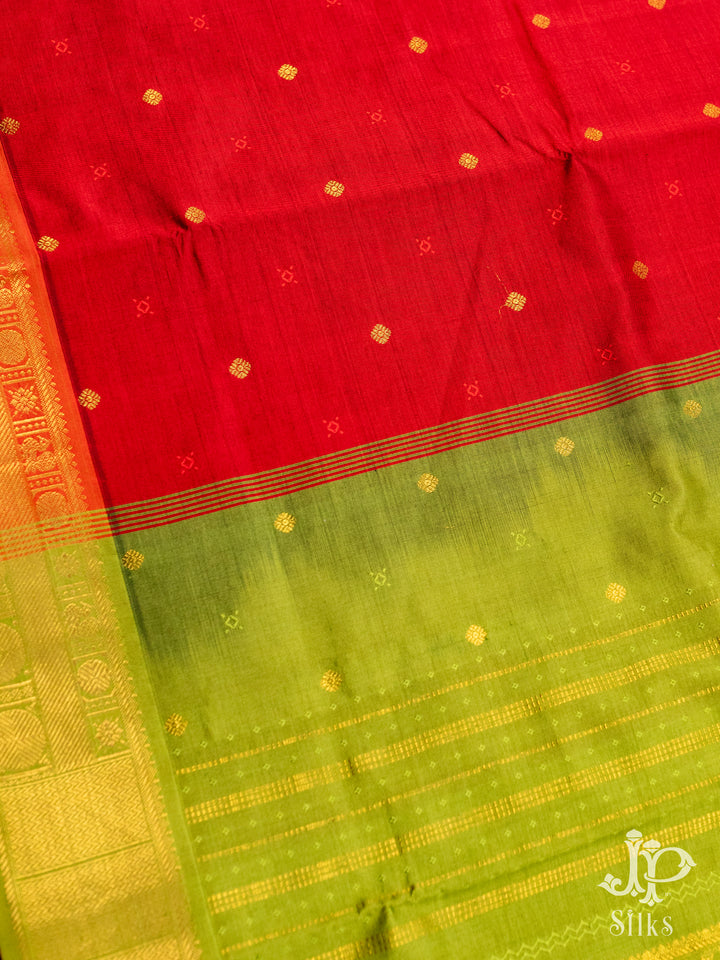 Red and Pista Green Poly Cotton Saree - D1170 - View 2