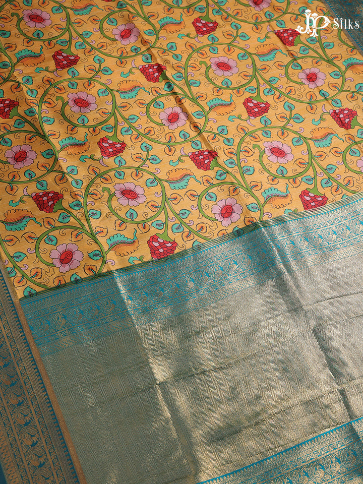 Mustard Yellow and Teal Blue Semi banaras with Digital Prints Fancy Sarees - E4001 - View 5