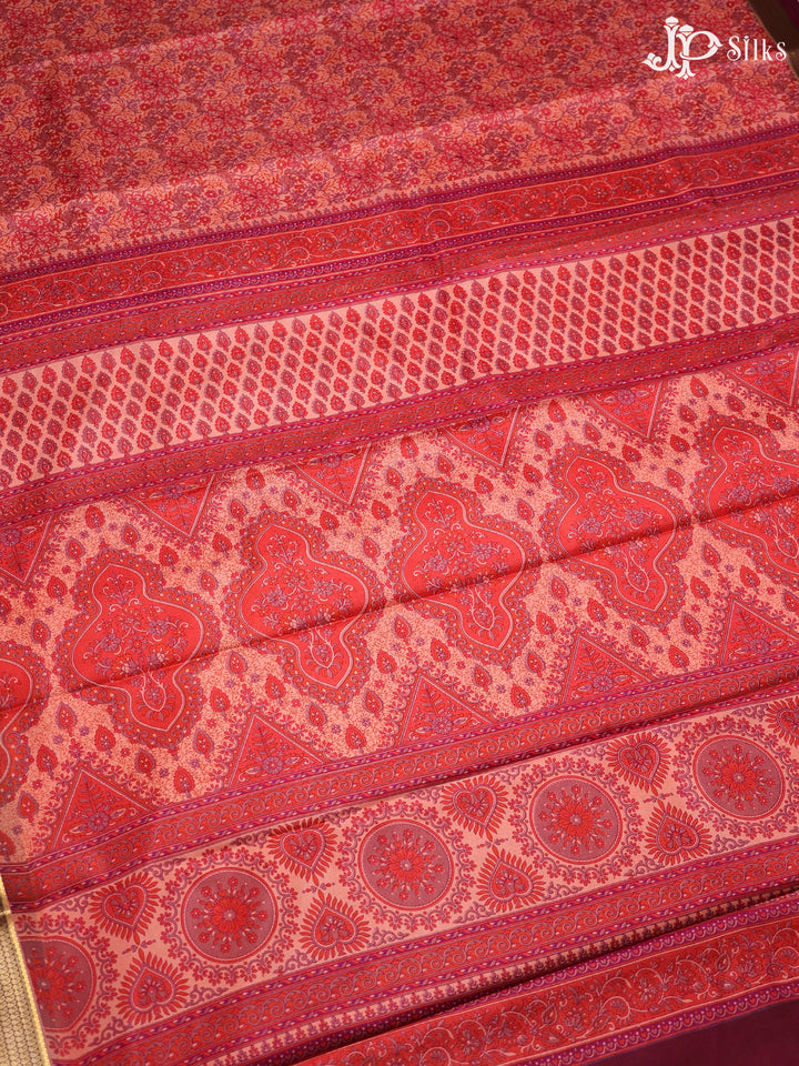 Red Orange Crepe Raw Silk Saree- E889 - View 3
