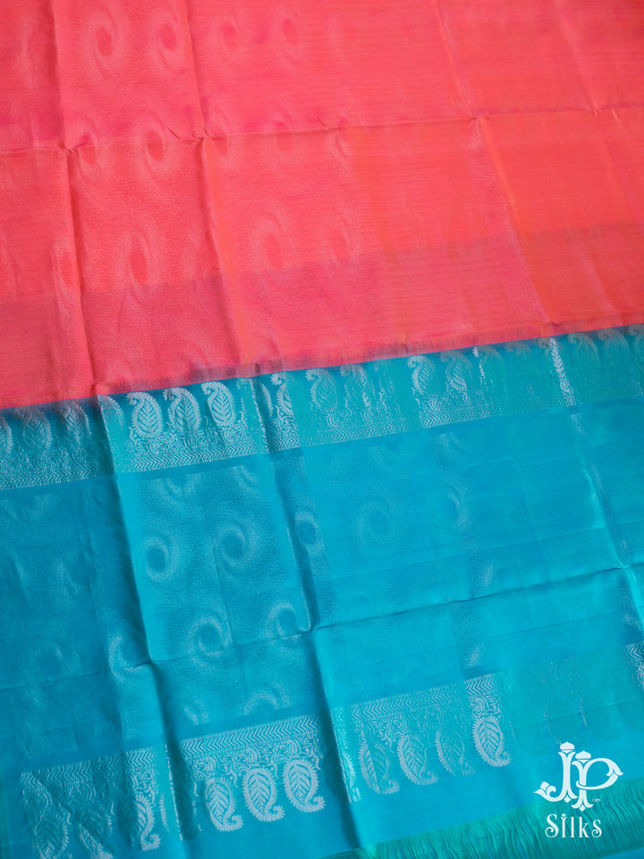 Reddish Orange and Teal Blue Soft Silk Saree - D2243