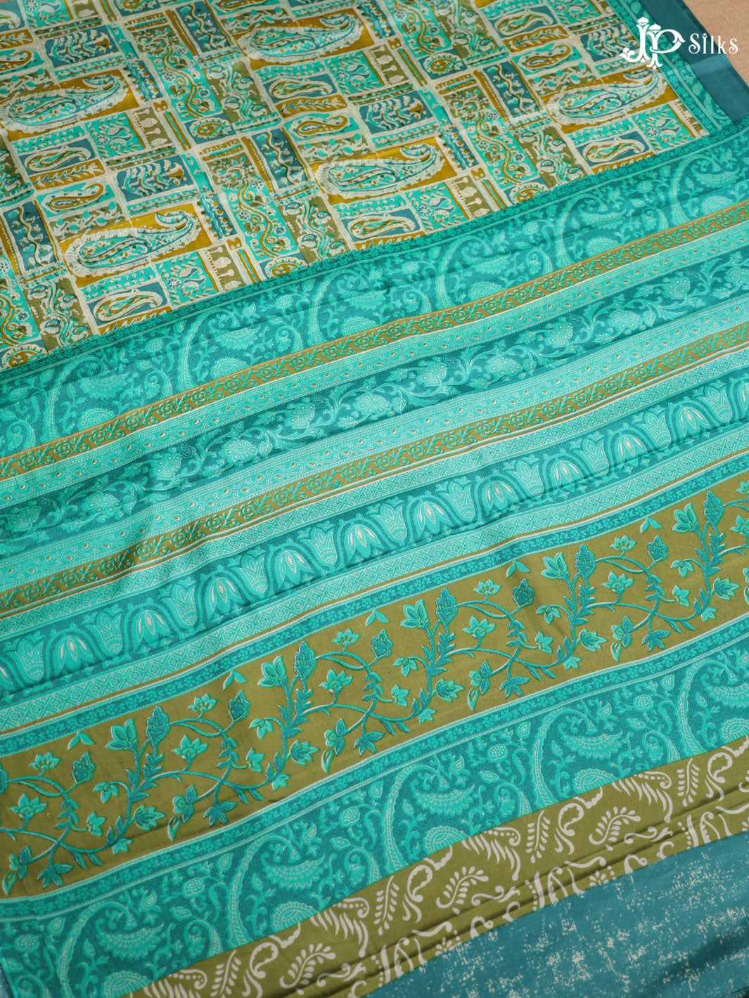 Teal Blue and Olive Green Crepe Raw Silk Saree- E894 - View 3