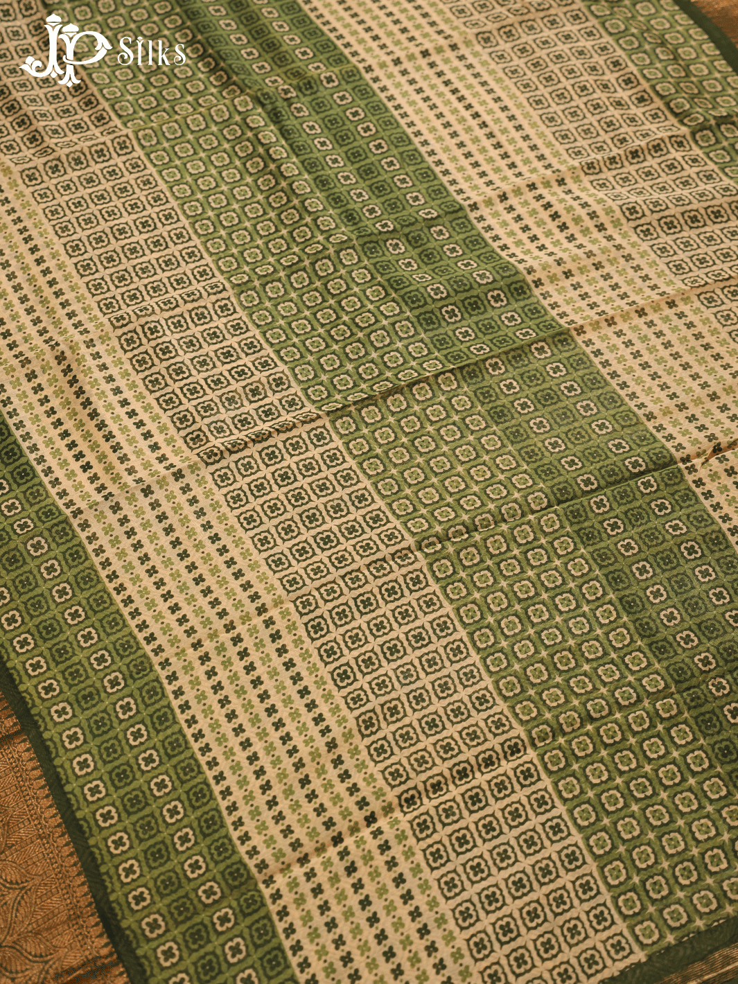 Beige and Green Semi Chanderi Fancy Saree - E1577 - View 3