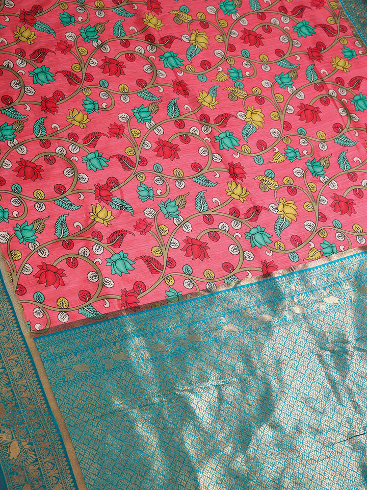 Pink and Teal Blue Semi banaras with Digital Prints Fancy Sarees -  E4000 - View 3